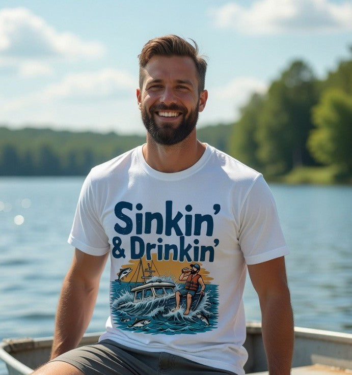 Man wearing a 'Sinkin' & Drinkin' t-shirt by a lake